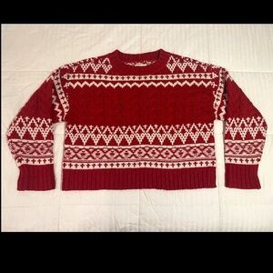 American Eagle Women Size XL Red Fair Isle Holiday Knit Cropped Sweater Pullover